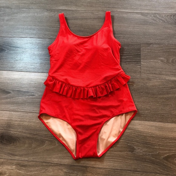 Kortni Jeane Waffled Maroon Skirted One Piece Swimsuit NWT Size Large - Picture 2 of 8